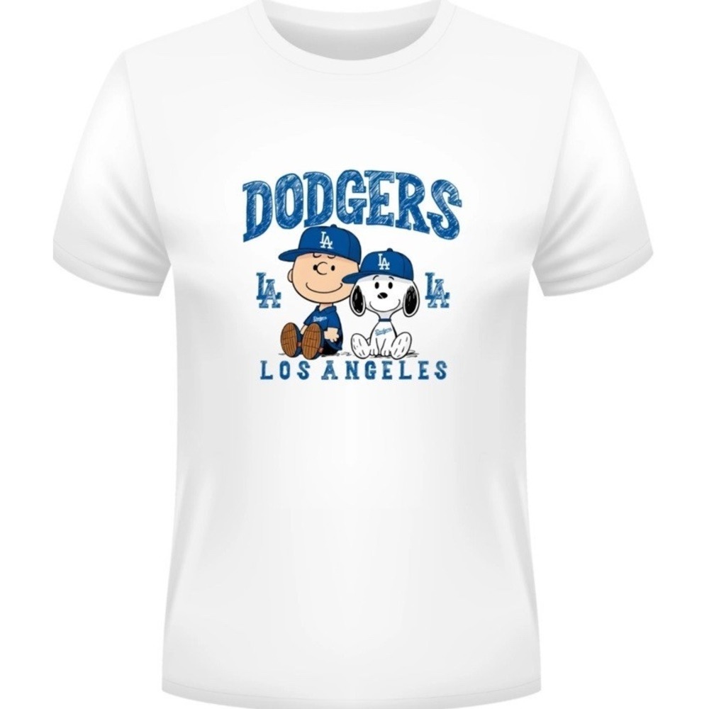 Los Angeles Dodgers Peanuts Charley Brown Snoopy T Shirt Unisex White 2XL